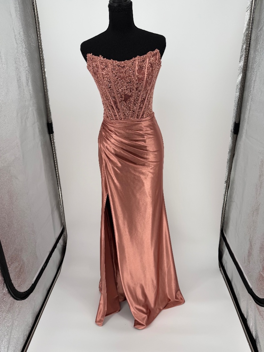 Sherri Hill Rose Gold Satin Lace Corset Formal Maxi Gown 4